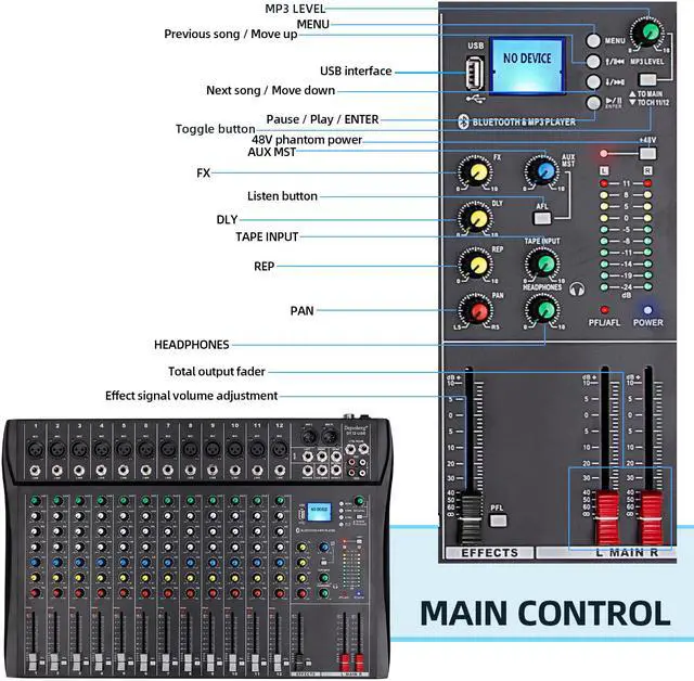 Alt view image 4 of 7 - Depusheng DT12 Professional Audio Mixer 12 Channel DJ Interface mixer console with Bluetooth MP3 input XLR Microphone Jack 48V Power RCA Input Output and USB Drive for Computer Recording black