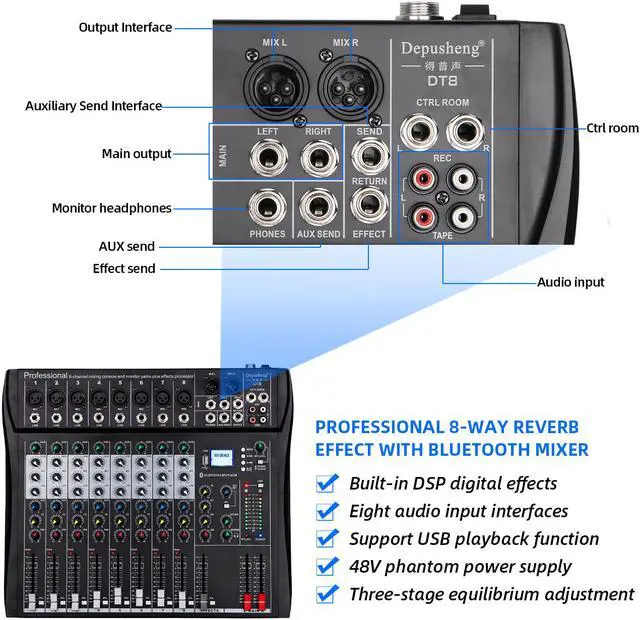 Alt view image 2 of 7 - Depusheng DT8 Professional auido mixer 8 channel dj sound mixer console with Bluetooth MP3 input XRL Microphone Jack 48V phantom power supply and USB drive for Computer Recording black