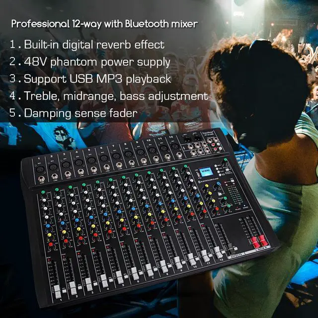 Alt view image 6 of 7 - Depusheng DT12 Professional Audio Mixer 12 Channel DJ Interface mixer console with Bluetooth MP3 input XLR Microphone Jack 48V Power RCA Input Output and USB Drive for Computer Recording black