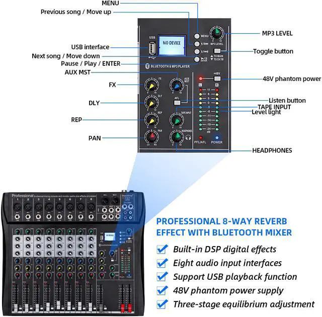Alt view image 3 of 7 - Depusheng DT8 Professional auido mixer 8 channel dj sound mixer console with Bluetooth MP3 input XRL Microphone Jack 48V phantom power supply and USB drive for Computer Recording black