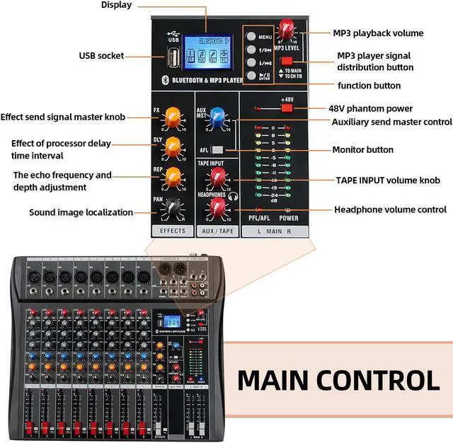 Alt view image 5 of 6 - Depusheng DX8 Professional 8 channel audio mixer with Bluetooth USB MP3 Input 48V Phantom Power Mixer Sound Board dj performance dedicated mixer console black
