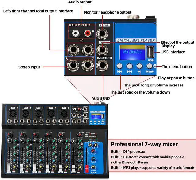 Depusheng HT7 Audio Mixer Portable Bluetooth USB DJ Sound