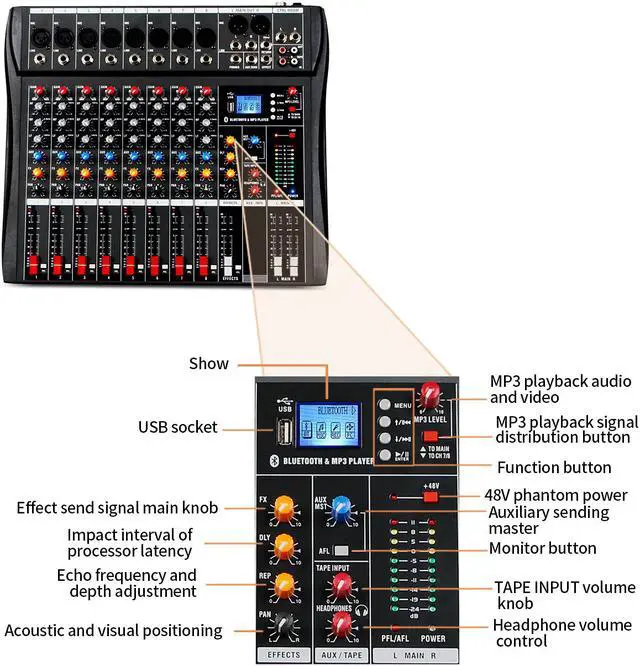 Alt view image 4 of 6 - Depusheng DX8 Professional 8 channel audio mixer with Bluetooth USB MP3 Input 48V Phantom Power Mixer Sound Board dj performance dedicated mixer console black