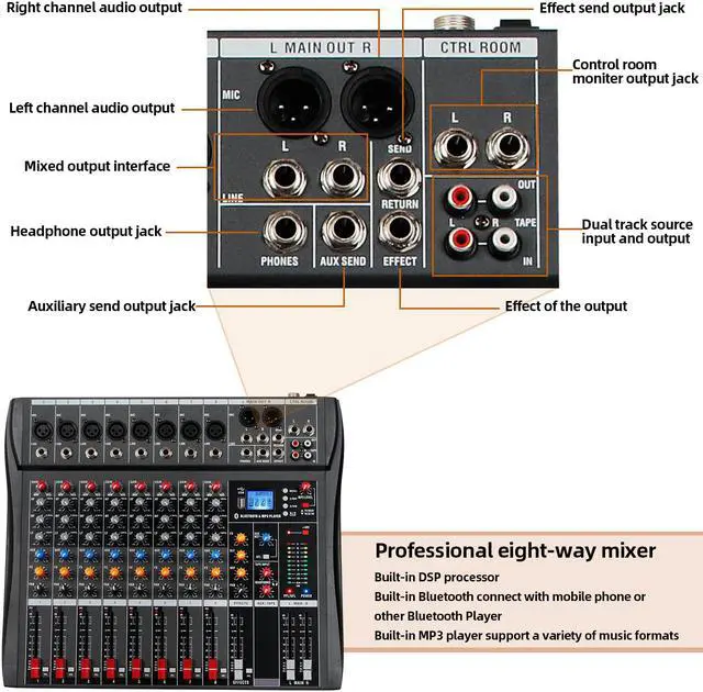 Alt view image 6 of 6 - Depusheng DX8 Professional 8 channel audio mixer with Bluetooth USB MP3 Input 48V Phantom Power Mixer Sound Board dj performance dedicated mixer console black