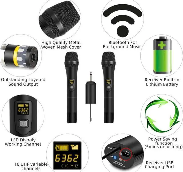 Alt view image 4 of 7 - Depusheng W2 UHF Wireless Microphone System Handheld LED Mic UHF Speaker with Portable Receiver