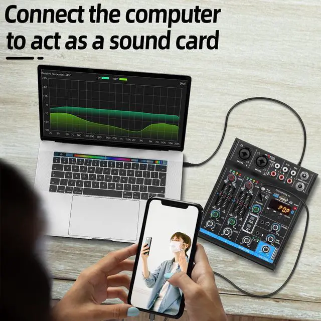 Alt view image 7 of 7 - Portable Mini Mixer 4 Channel Audio DJ Console with Sound Card USB 48V Phantom Power for PC Recording Singing Webcast Party Depusheng M4  Black