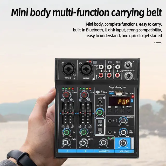 Alt view image 4 of 7 - Portable Mini Mixer 4 Channel Audio DJ Console with Sound Card USB 48V Phantom Power for PC Recording Singing Webcast Party Depusheng M4  Black