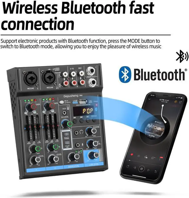 Alt view image 3 of 7 - Portable Mini Mixer 4 Channel Audio DJ Console with Sound Card USB 48V Phantom Power for PC Recording Singing Webcast Party Depusheng M4  Black
