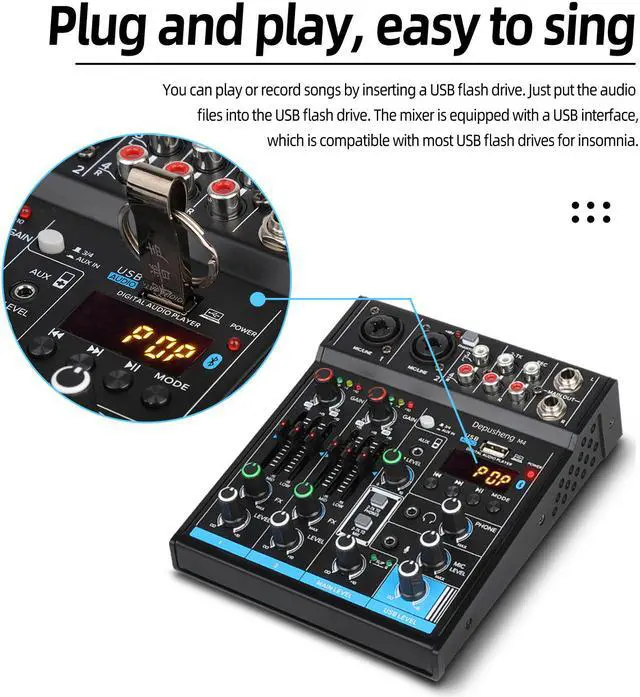Alt view image 5 of 7 - Portable Mini Mixer 4 Channel Audio DJ Console with Sound Card USB 48V Phantom Power for PC Recording Singing Webcast Party Depusheng M4  Black