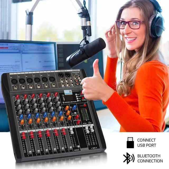 Alt view image 6 of 7 - DEPUSHENG DX6 Audio Mixer 6 Channels Mixing Console with XLR Connect USB Music Input 3 band EQ 48V phantom Power For Recording DJ Studio black