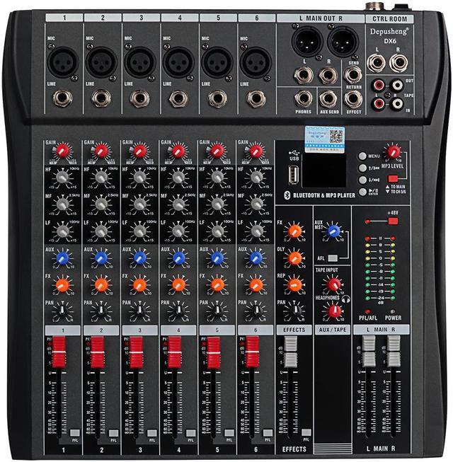 Depusheng T6 Table de mixage audio Interface de contrôleur de son DJ 6  canaux avec carte son USB pour enregistrement sur PC, prise micro XLR,  prise d'alimentation USB 5 V, processeur FX