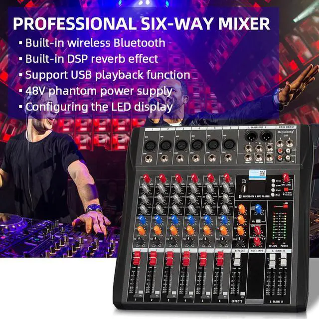Alt view image 7 of 7 - DEPUSHENG DX6 Audio Mixer 6 Channels Mixing Console with XLR Connect USB Music Input 3 band EQ 48V phantom Power For Recording DJ Studio black