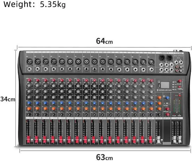 Alt view image 7 of 7 - Depensheng DX16 Professional Audio Mixer 16 CHANNEL DJ Sound Controller Interface with XLR Microphone Jack 3 Band EQ 48V Power RCA Input Output Bluetooth and USB Drive for Computer Recording black