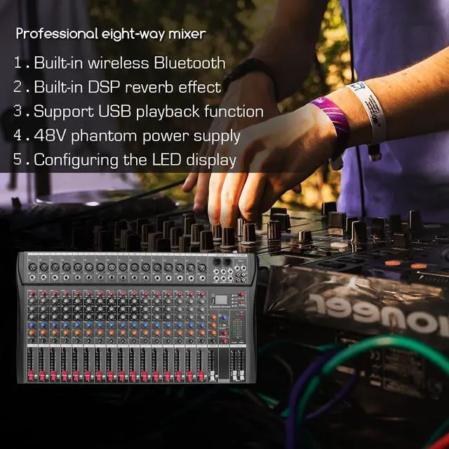 Alt view image 6 of 7 - Depensheng DX16 Professional Audio Mixer 16 CHANNEL DJ Sound Controller Interface with XLR Microphone Jack 3 Band EQ 48V Power RCA Input Output Bluetooth and USB Drive for Computer Recording black