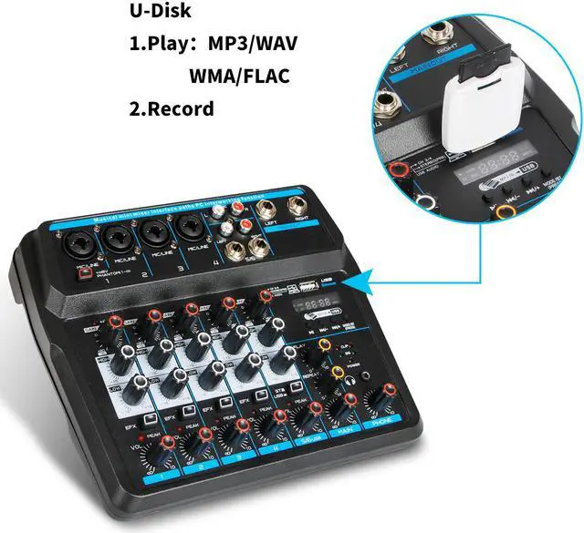 Alt view image 3 of 7 - Depusheng 6 CHANNEL Audio Mixer DJ Sound Controller U6 DJ Mixer Interface with USB Drive Soundcard for PC Recording Live Streaming 2 Band EQ wireless bluetooth USB and 48V Phantom Power black