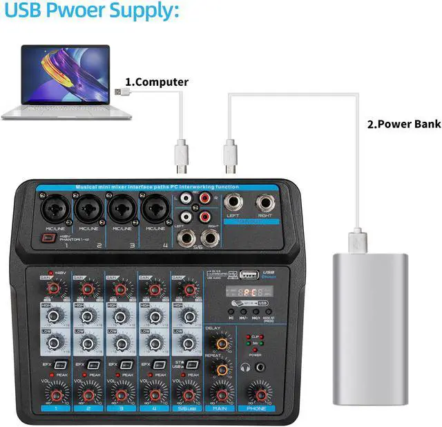 Alt view image 6 of 7 - Depusheng 6 CHANNEL Audio Mixer DJ Sound Controller U6 DJ Mixer Interface with USB Drive Soundcard for PC Recording Live Streaming 2 Band EQ wireless bluetooth USB and 48V Phantom Power black