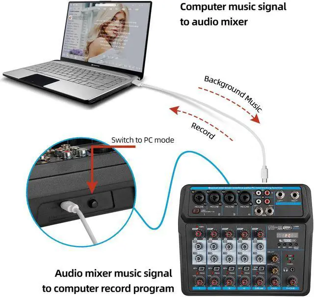 Alt view image 5 of 7 - Depusheng 6 CHANNEL Audio Mixer DJ Sound Controller U6 DJ Mixer Interface with USB Drive Soundcard for PC Recording Live Streaming 2 Band EQ wireless bluetooth USB and 48V Phantom Power black