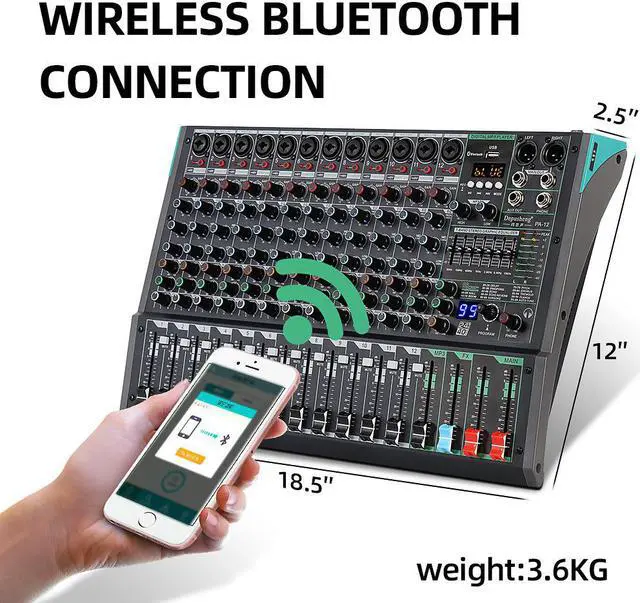 Alt view image 5 of 7 - Depusheng PA12 Professional Audio Mixer Sound Board Console Desk System Interface 12 Channel Digital USB Bluetooth MP3 Computer Input 48V Phantom Power Built-in 99 Reverb Effect, Black