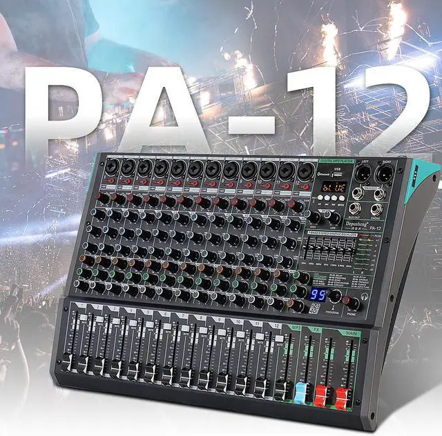 Alt view image 7 of 7 - Depusheng PA12 Professional Audio Mixer Sound Board Console Desk System Interface 12 Channel Digital USB Bluetooth MP3 Computer Input 48V Phantom Power Built-in 99 Reverb Effect, Black