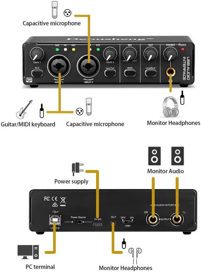 Alt view image 2 of 7 - Depusheng RX2 usb audio interface computer recording sound card, home studio audio interface, can connect 48V condenser microphone, guitar recording