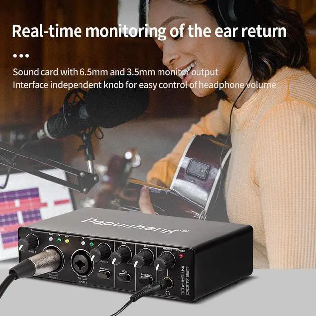 Alt view image 5 of 7 - Depusheng RX2 usb audio interface computer recording sound card, home studio audio interface, can connect 48V condenser microphone, guitar recording