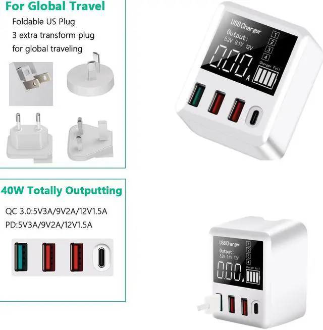 Alt view image 5 of 6 - USB Charger Hub with 3 USB and 1 Quick Charge 3.0 PD Fast Charging Port LED Display Charging Station