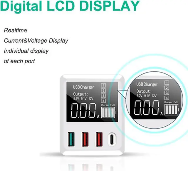 Alt view image 2 of 6 - USB Charger Hub with 3 USB and 1 Quick Charge 3.0 PD Fast Charging Port LED Display Charging Station