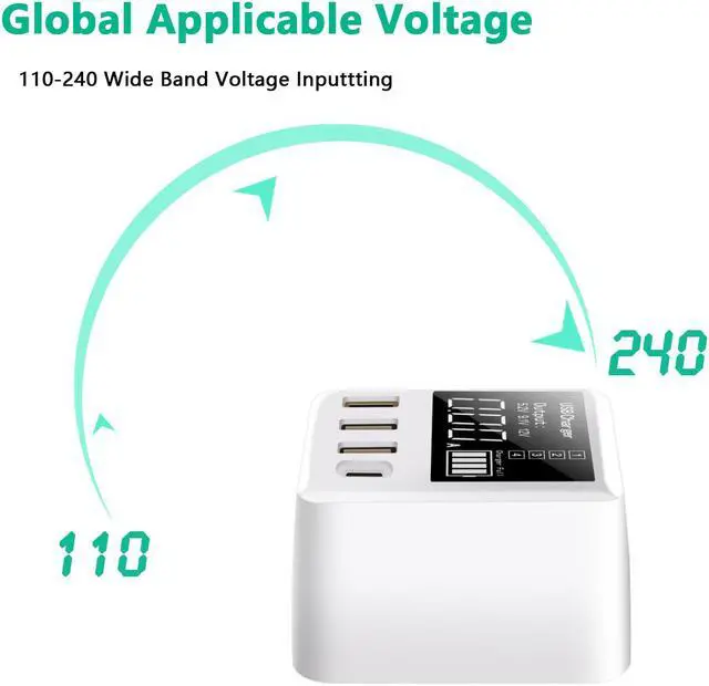 Alt view image 6 of 6 - USB Charger Hub with 3 USB and 1 Quick Charge 3.0 PD Fast Charging Port LED Display Charging Station