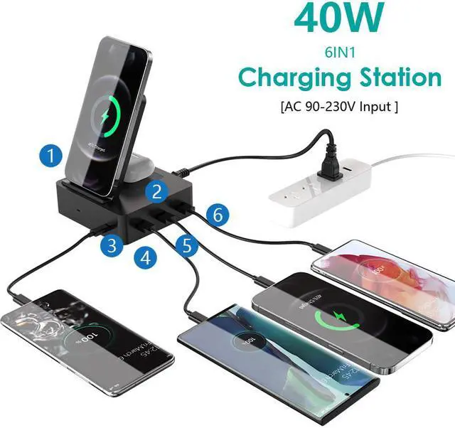 Main image of Multiport 6 In 1 Multi-Device Built-in AC Adapter Smart Phone Fast Charger Qi Wireless Charging Stand Station For iPhone