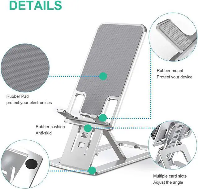 Alt view image 6 of 7 - Cell Phone Stand Adjustable Foldable Aluminum Desktop Phone Holder Compatible with iPhone Samsung Galaxy All Smartphones