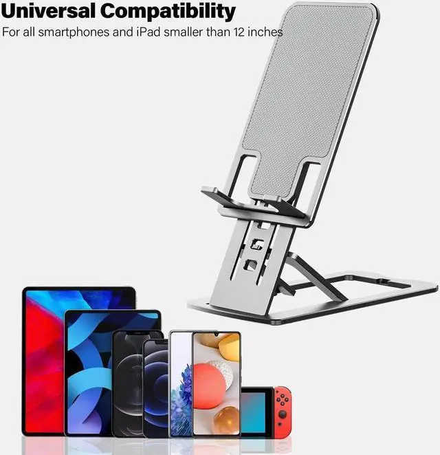 Alt view image 2 of 6 - Adjustable Cell Phone Stand, Foldable Cellphone Stand, Aluminum Desktop Phone Holder Compatible with iPhone 12, 11, Xs Pro Max, 8/7 Plus, Samsung Galaxy, All Smartphones(4-12 inches)