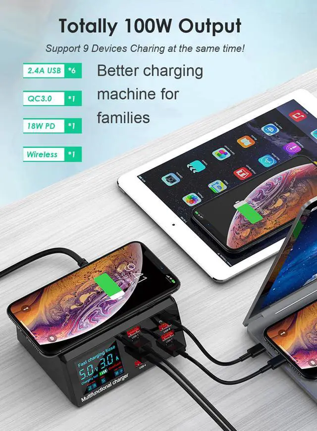 Alt view image 4 of 7 - 100W 8 Ports USB Charger Hub Quick Charge 3.0 Adapter Wireless Charger base PD Charging Station With Digital LCD Display