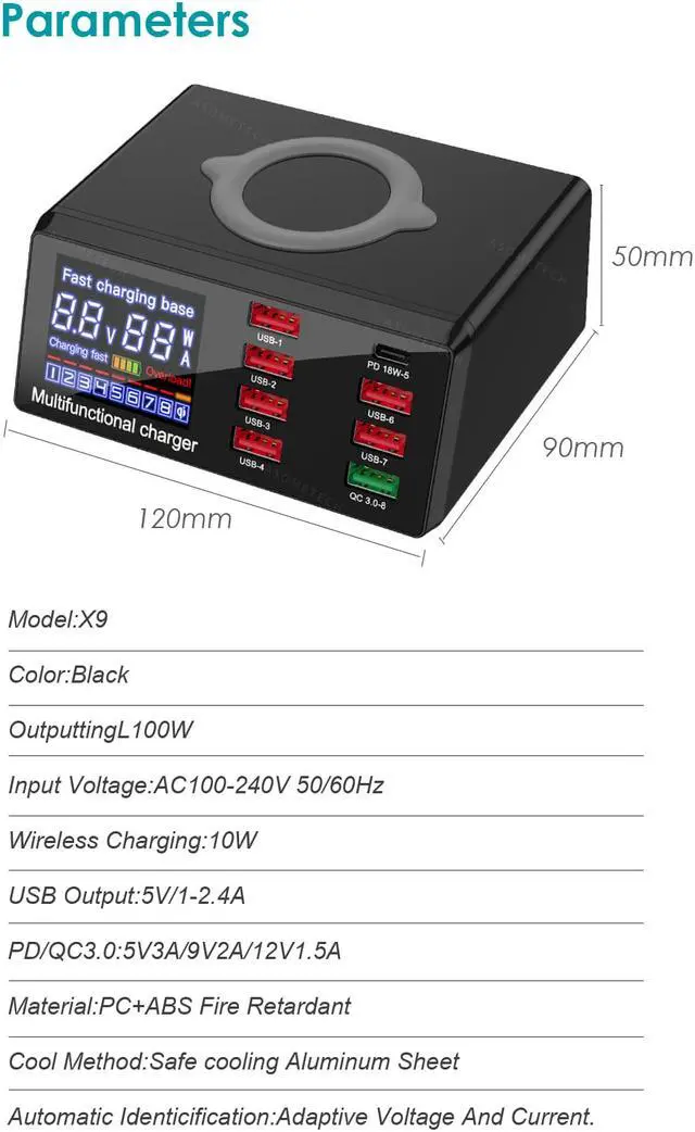 Alt view image 3 of 7 - 100W 8 Ports USB Charger Hub Quick Charge 3.0 Adapter Wireless Charger base PD Charging Station With Digital LCD Display
