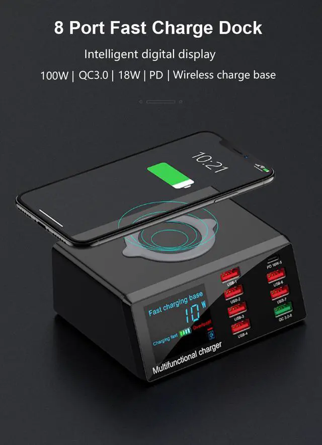 Main image of 100W 8 Ports USB Charger Hub Quick Charge 3.0 Adapter Wireless Charger base PD Charging Station With Digital LCD Display