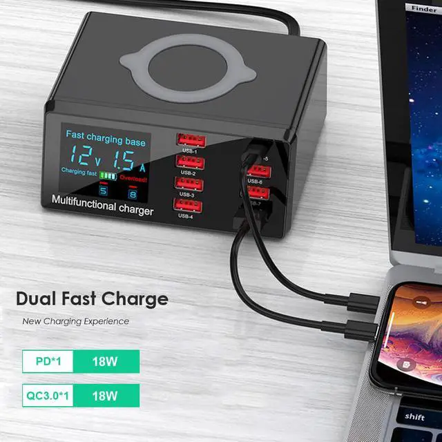 Alt view image 2 of 7 - 100W 8 Ports USB Charger Hub Quick Charge 3.0 Adapter Wireless Charger base PD Charging Station With Digital LCD Display