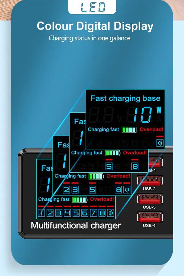 Alt view image 5 of 7 - 100W 8 Ports USB Charger Hub Quick Charge 3.0 Adapter Wireless Charger base PD Charging Station With Digital LCD Display