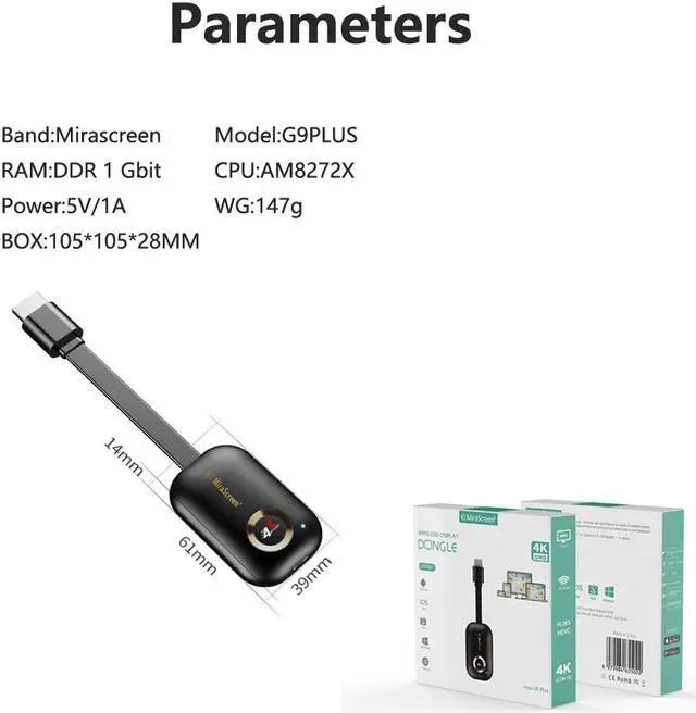 Alt view image 6 of 7 - Mirascreen G9 Plus 2.4G/5G 4K Wireless Wifi Display Dongle Mirroring Miracast Airplay DLNA Receiver for Android iOS