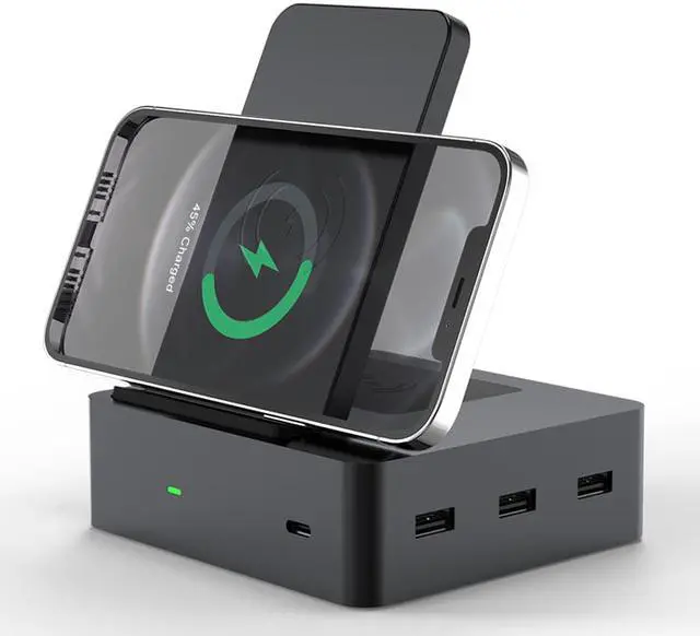 Alt view image 5 of 6 - Multiport 6 In 1 Multi-Device Built-in AC Adapter Smart Phone Fast Charger Qi Wireless Charging Stand Station For iPhone