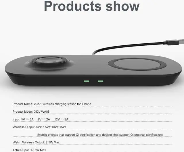 Alt view image 5 of 5 - 2 in 1 Dual Qi Fast Charging Dock Wireless Charger Pad For Apple Watch, Airpods Pro Airpods 2 and Phone