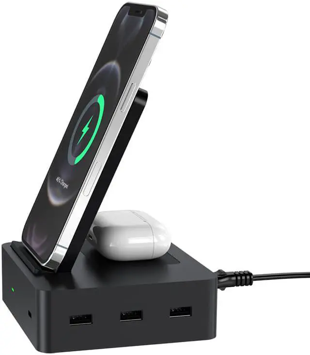 Alt view image 4 of 6 - Multiport 6 In 1 Multi-Device Built-in AC Adapter Smart Phone Fast Charger Qi Wireless Charging Stand Station For iPhone