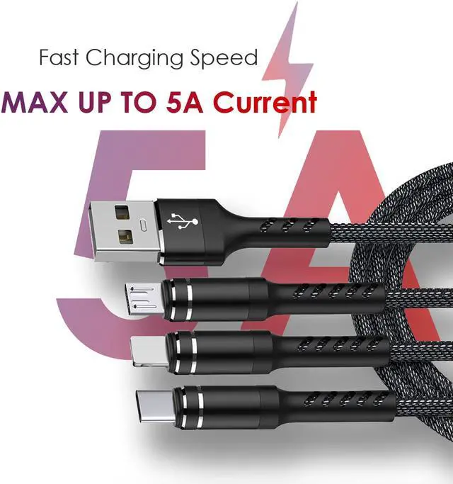 Alt view image 4 of 6 - 4ft 5A Multi USB Charging Cable Nylon 3 in 1 Fast Charger Cord Universal Charger Cord Type C Micro USB Connector Compatible with Cell Phone Tablets