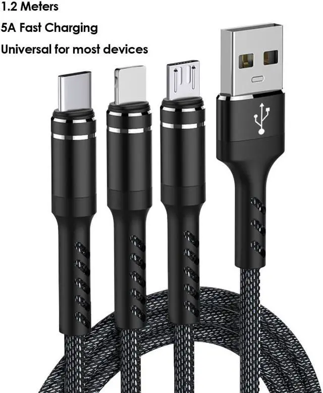 Alt view image 2 of 6 - 4ft 5A Multi USB Charging Cable Nylon 3 in 1 Fast Charger Cord Universal Charger Cord Type C Micro USB Connector Compatible with Cell Phone Tablets