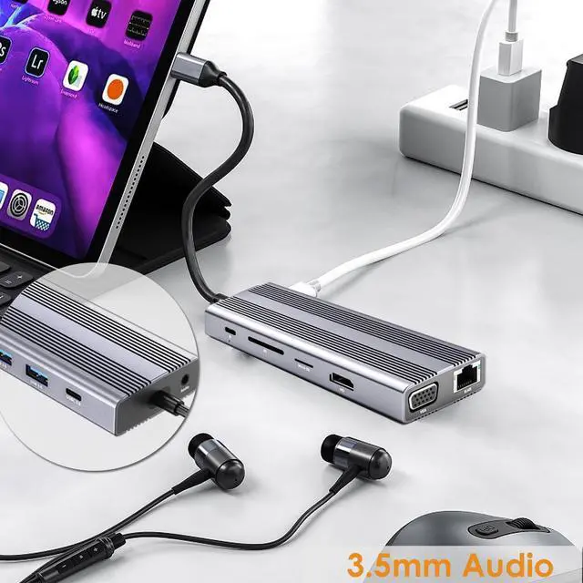 Alt view image 4 of 5 - USB C HUB 12 in 1 USB C Adapter to USB 3.0 USB C 3.0 Data VGA HD TV PD 60W Charging 3.5mm Audio Headphone