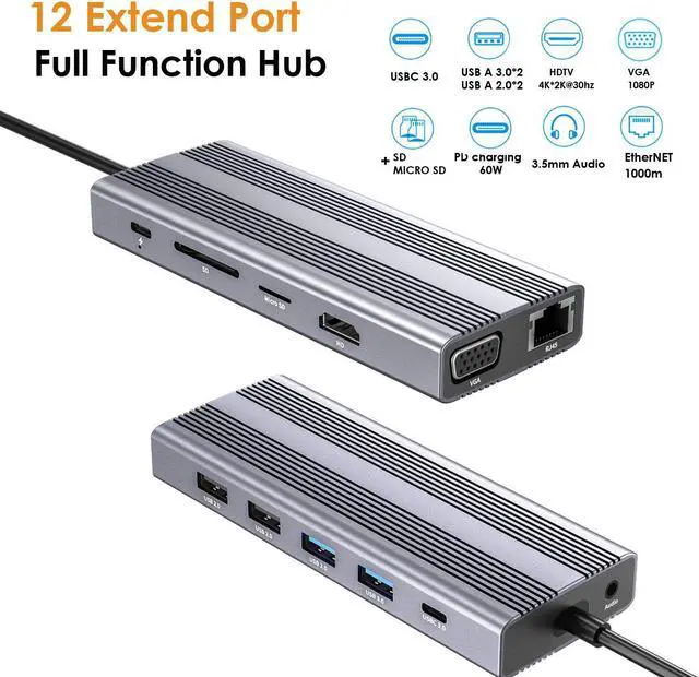 Alt view image 2 of 5 - USB C HUB 12 in 1 USB C Adapter to USB 3.0 USB C 3.0 Data VGA HD TV PD 60W Charging 3.5mm Audio Headphone