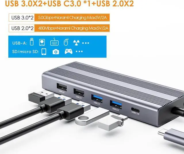 Alt view image 3 of 5 - USB C HUB 12 in 1 USB C Adapter to USB 3.0 USB C 3.0 Data VGA HD TV PD 60W Charging 3.5mm Audio Headphone
