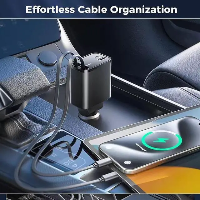 Alt view image 3 of 7 - Retractable Car Charger, 4 in1 Fast Car Phone Charger 60W, Retractable Cables and 2 USB Ports Car Charger Adapter, Compatible with iPhone 14 Pro Max/13/12/11/iPad, Galaxy S23/ S22/S10, Google Apricot