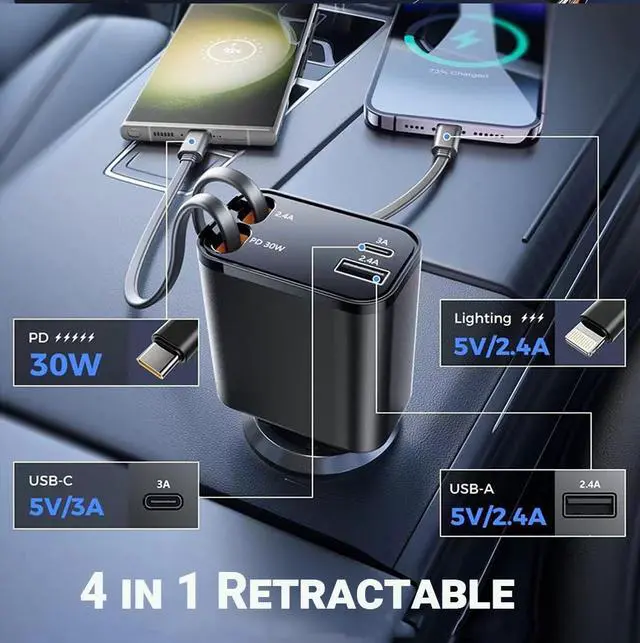Alt view image 7 of 7 - Retractable Car Charger, 4 in1 Fast Car Phone Charger 60W, Retractable Cables and 2 USB Ports Car Charger Adapter, Compatible with iPhone 14 Pro Max/13/12/11/iPad, Galaxy S23/ S22/S10, Google Apricot