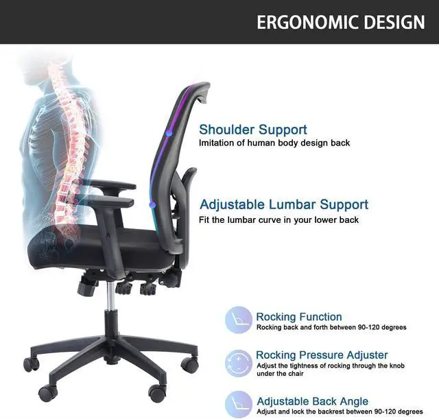 Alt view image 4 of 7 - Ergonomic Home Office Desk Chair High Back, Modern 360° Swivel Executive Computer Chair with Height Adjustable Armrests, Lumbar Support, Breathable Mesh Back, Black - 1 Pack, Load Capacity: 300 lbs