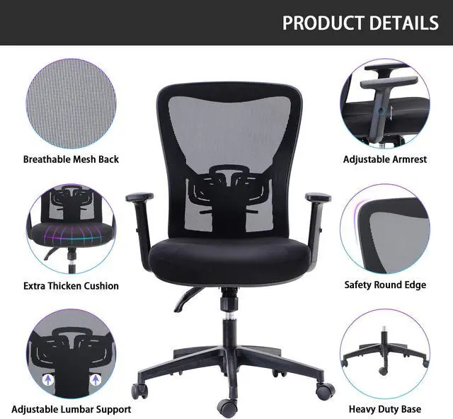 Alt view image 6 of 7 - Ergonomic Home Office Desk Chair High Back, Modern 360° Swivel Executive Computer Chair with Height Adjustable Armrests, Lumbar Support, Breathable Mesh Back, Black - 1 Pack, Load Capacity: 300 lbs