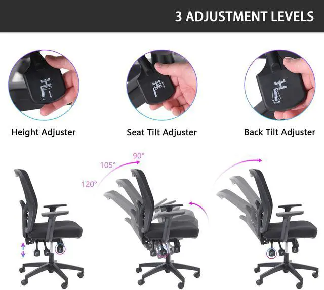 Alt view image 5 of 7 - Ergonomic Home Office Desk Chair High Back, Modern 360° Swivel Executive Computer Chair with Height Adjustable Armrests, Lumbar Support, Breathable Mesh Back, Black - 1 Pack, Load Capacity: 300 lbs